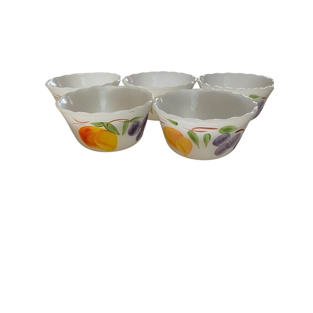 5 Fire King Gay Fad Custard Cups 6 oz Fruits Anchor Hocking Hand Painted MCM